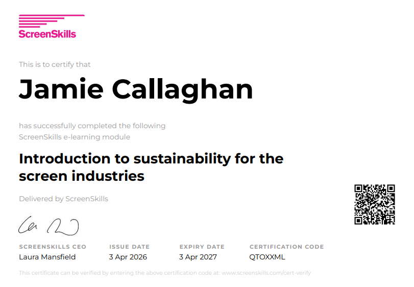 screenskills cert introduction to sustainability for the screen industries jamie callaghan